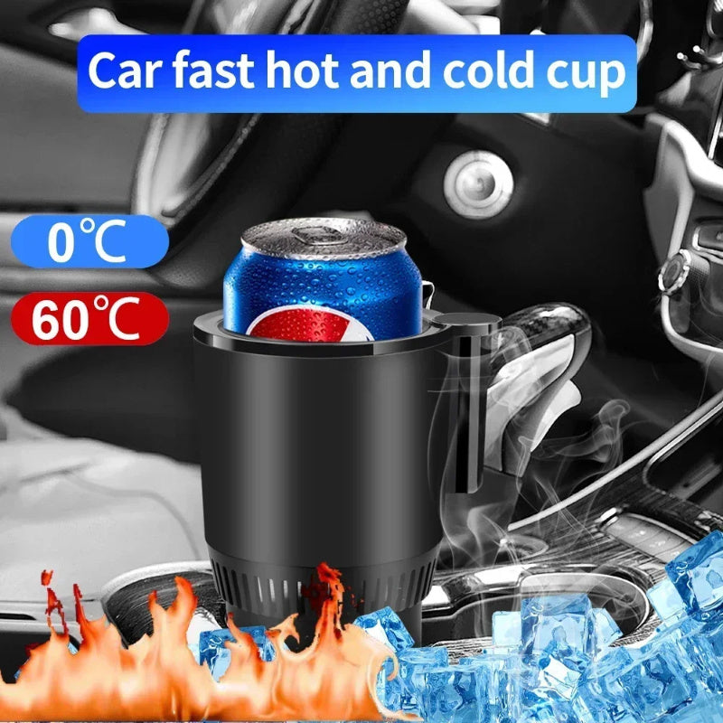 Car cup holder with temperature indicators showing hot and cold functions, containing a can of Pepsi.